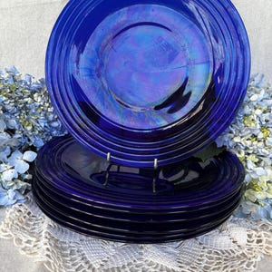 Set of 8 Vintage Cobalt Blue Glass Charger Plates | Blue Glass Dinner Plate Underplates | Coastal Table Decor