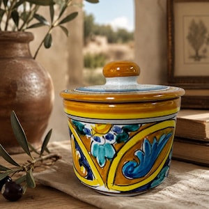 Vintage Sicilian Pottery Trinket Jar with Lid, Hand Painted Italian Ceramic, Trinacria Ortigia Syracuse, Colorful Mediterranean Decor