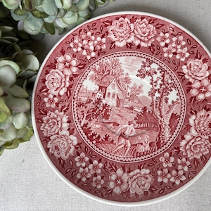 Può includere: Un piattino rotondo in ceramica con un motivo a trasferimento rosso e bianco. Il centro raffigura un paesaggio rurale con una casa e figure, mentre il bordo è decorato con una fitta disposizione di fiori e fogliame dettagliati.
