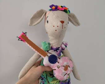 Playing Guitar  Heirloom Rag Doll Treasure Handcrafted Deer Doll Nuursery Room Decoration, Baby Gift Spring Time