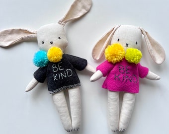 Be Kind Bunny Soft Toy, Nursery Decoration, Keepsake Toy Doll, Spring Bunny, Positive Vibes Thoughts Jumper