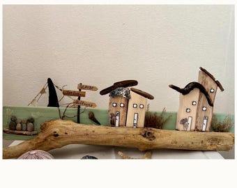 Treibholz Deko 68cm | Strandhäuser Glaube Liebe Hoffnung | Maritime Wanddeko Nordsee | Unikat aus Treibholz  & Ostsee-Steine | Handgefertigt