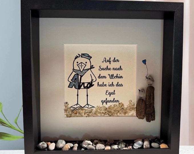 Maritime stone picture with seagull motif and inspiring saying.