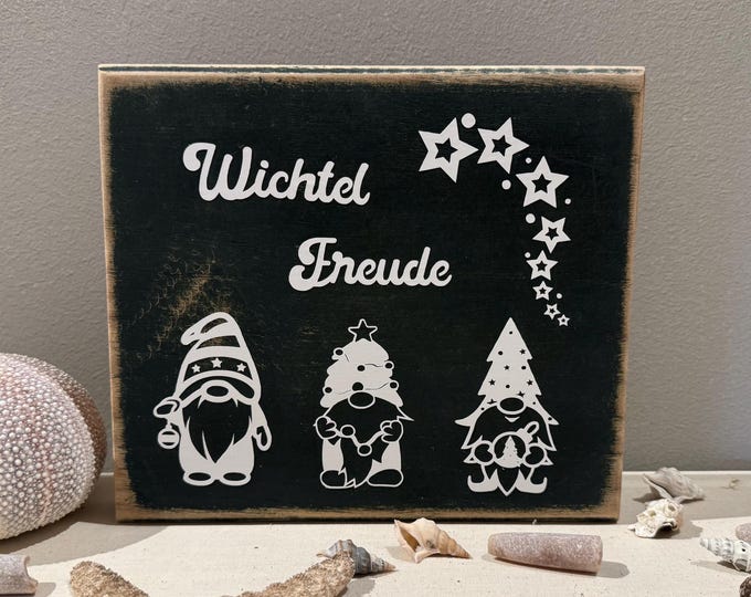 Deko Weihnachtswichtel auf massiven Eichenholz 20 x 18 x3cm - Fensterbank Deko Weihnachten - skandinavische Weihnachtsdeko - Handmade