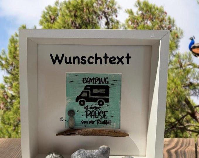 Stone picture, pebble picture for campers, for retirement, or other special occasions. Decorated with maritime motifs, Baltic Sea beach finds, and North Sea driftwood.