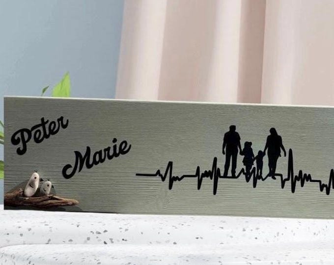 Maritime Deko als Familienschild mit Namen und ein Steinbild Familie. Eine Wand Holz Deko als Geschenk für Lieblingsmensch als Türschild.