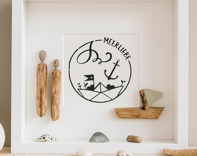 Steinbilder mit Sprüchen 27cm weiß, Treibholz Deko der dänischen Küste als maritimes Wandbild. Bilderrahmen maritim mit Meerliebe Sprüche.