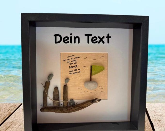 Personalized maritime stone picture with Baltic Sea beach finds. North Sea driftwood wall decoration with saying.