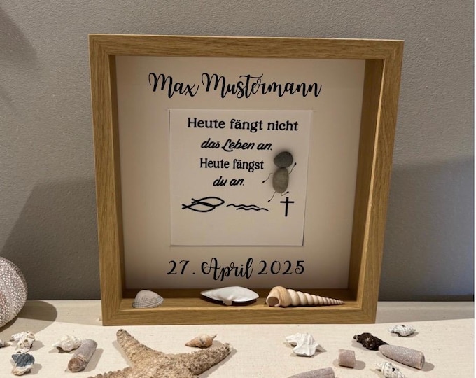 Geschenke zur Konfirmation personalisiert im Rahmen 27cm Eiche mit Strandfunde der dänischen Küste. Konfirmation Glückwünsche - Handmade