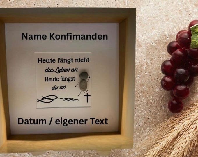 Confirmation gift personalized with name and date in a picture frame. Decorated with Baltic Sea stones or a confirmation stone picture.
