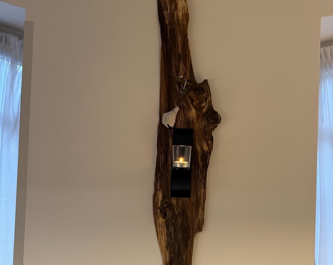 Teelichthalter aus Holz Eiche 105cm im dänisches Design. Boho Style Deko - Holz Wanddeko - Handmade Geschenke - maritime Deko mit Feuerstein