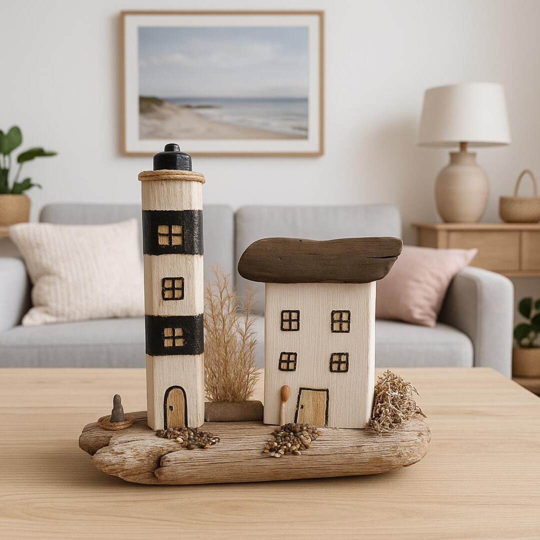 Maritime Lighthouse & Driftwood House | Coastal Lighthouse Decor ...