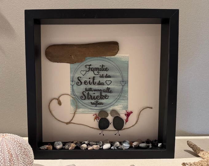 Personalisierter Bilderrahmen 27cm schwarz handgemalte Bilder mit Steinbild & Spruch Familie. Deko für Fensterbank innen, maritimes Wandbild