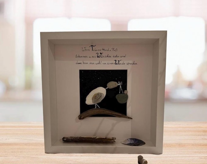 Picture frame stork personalized baby / birth / baptism with beach finds wall decoration mural gift maritime beach Baltic Sea North Sea