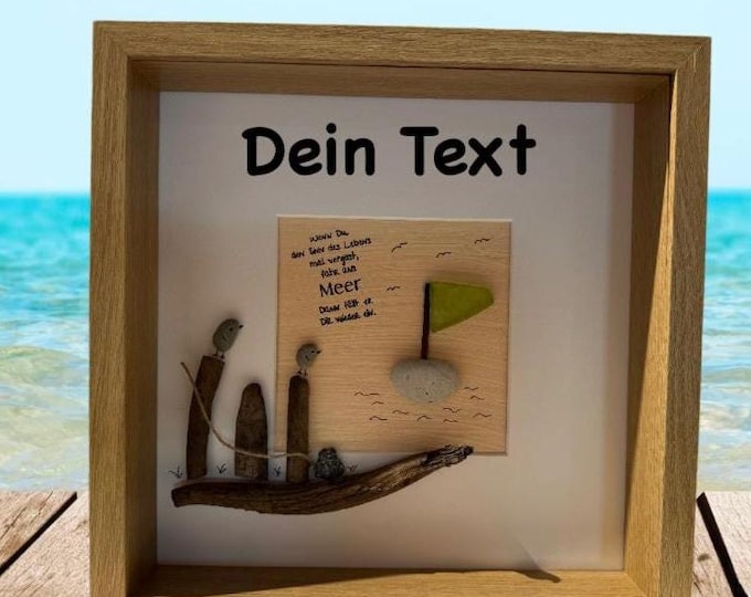 Personalized maritime stone picture with Baltic Sea beach finds. North Sea driftwood wall decoration with saying.