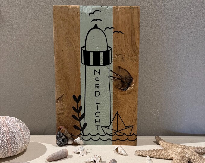 Maritimes Wandbild 16 x 26cm, massivholz Deko mit Strandfunde von der dänischen Küste. Leuchtturm Bilder, Leuchtturm Bilder, Holz Deko Regal