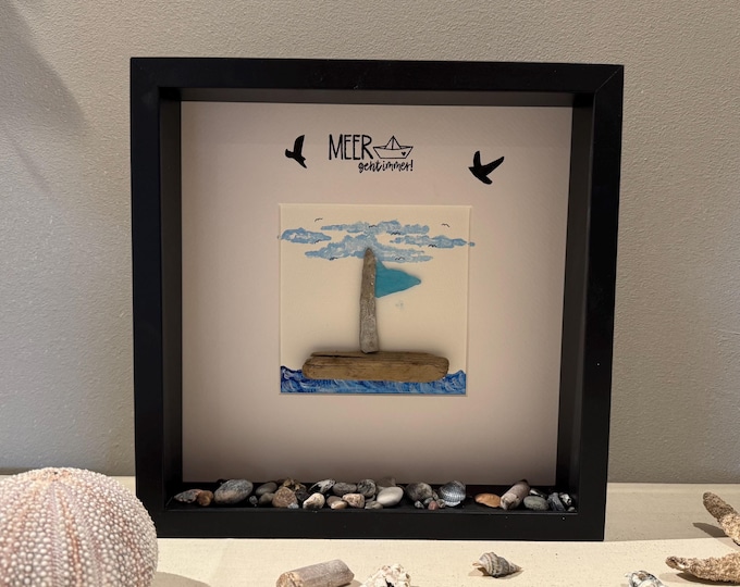 Deko Meer Strand, Steinbild mit Sprüchen Meer geht immer 27cm schwarz. Handmade Geschenke als Maritimes Wandbild - Hygge Deko Treibholz Deko