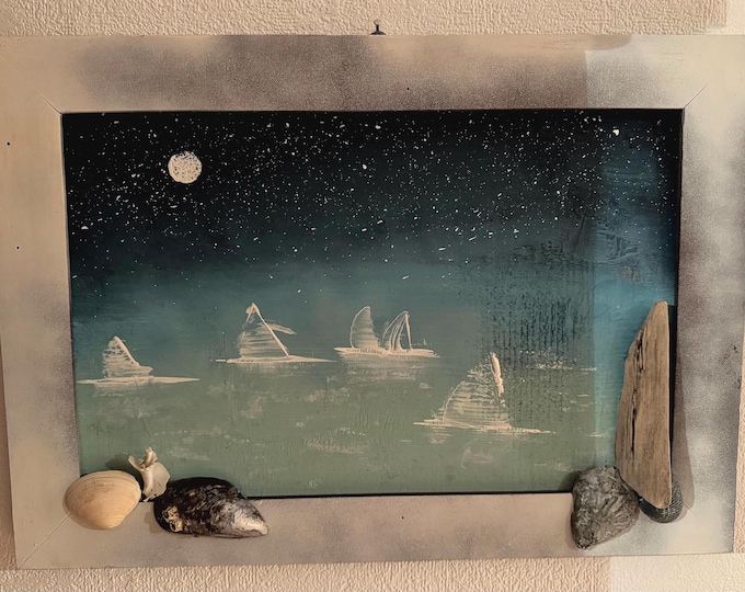 Maritime decoration with sailboats in an old picture frame. North Sea beach finds and Baltic Sea driftwood handmade acrylic artwork.