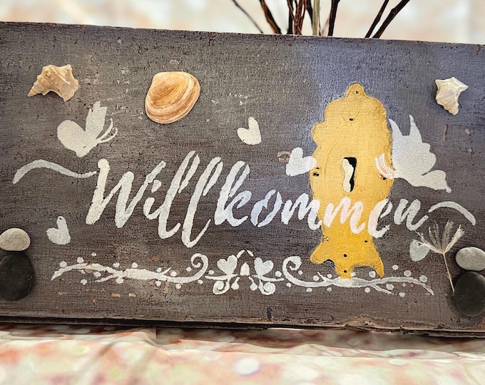 Maritime Shabby Chic sign welcome sign with beach finds key to the heart wall decoration North Sea Baltic Sea keyhole rustic