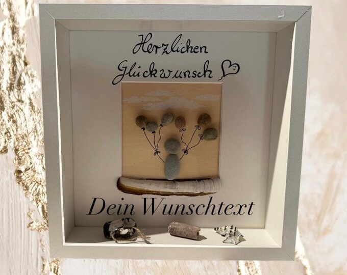 Personalized stone picture as a gift for birthday/baby/birth/baptism with beach finds from the coast.