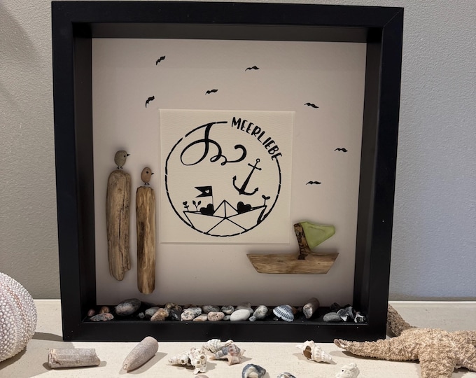 Steinbilder mit Sprüchen "Meerliebe" & Nordsee Deko 27cm schwarz. Maritimes Wandbild mit Treibholz Deko als Handmade Geschenke, Bilderrahmen