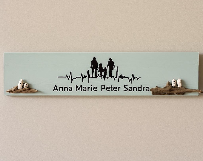Holz Deko Schild mit Namen 65 cm personalisiert mit Wandbefestigung. Steinbild Familie - Treibholz Deko Maritimes Wandbild - Handmade