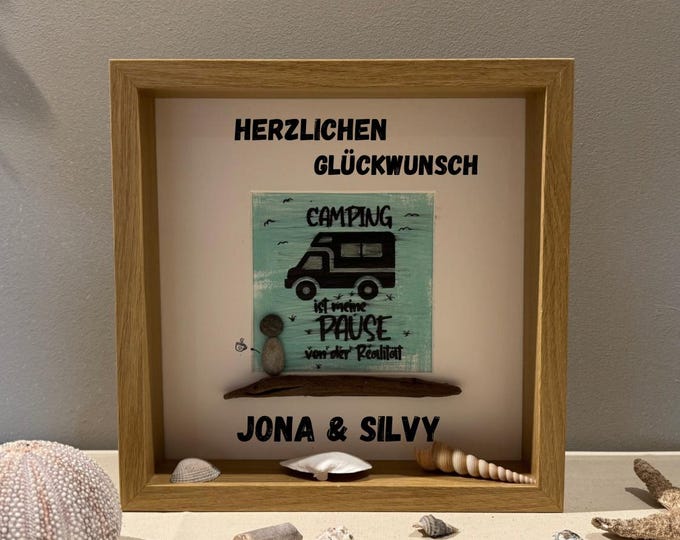 Personalisierter Bilderrahmen - Camping 24cm Eiche Rahmen. Camper Geschenk als Steinbilder mit Sprüchen mit maritime Deko - Treibholz Deko
