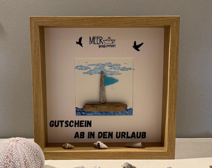 Personalisierter Bilderrahmen Meer geht immer 27cm Eiche. Strandfunde von der dänischen Küste. Steinbild Segelboot -Handmade Geschenke