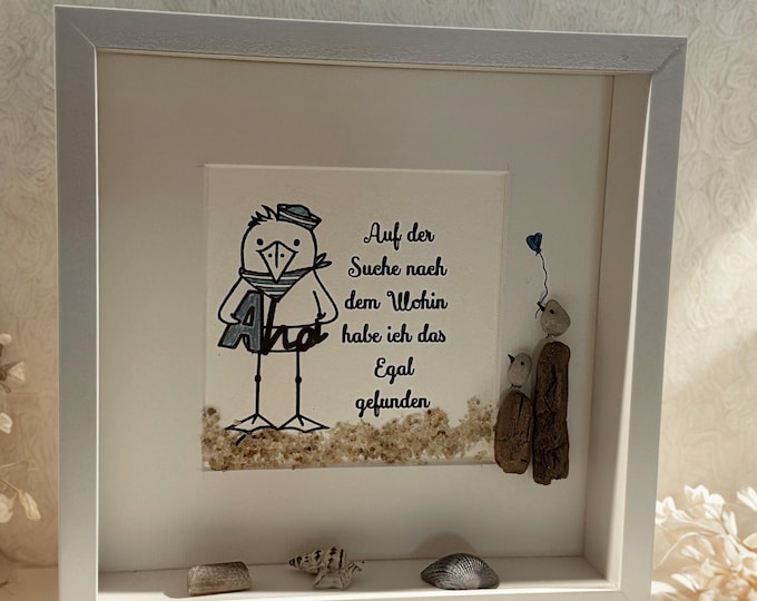 Maritime stone picture with seagull motif and inspiring saying.