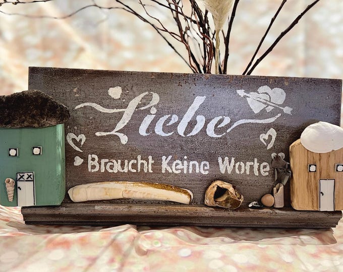 Vintage wooden sign for Father's Day with driftwood wooden houses and beach finds personalized wall decoration shabby chic North Sea Baltic Sea