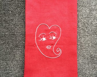 Vintage Inspired Valentine's Day Red Linen Embroidered Tea Towel