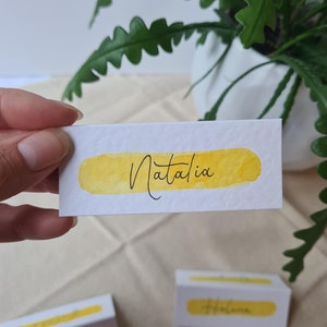 Yellow Background Watercolour Calligraphy Placecards | Wedding Calligraphy | Personalised Placecard | Hand Lettered | Wedding Stationary