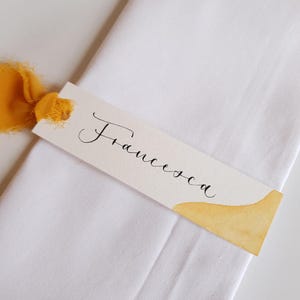 Yellow Hand Painted Placecards | Wedding Calligraphy | Personalised Placecard | Placecard with Ribbon |