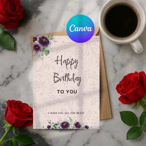 Modelo de cartão de feliz aniversário Canva | Cartão de felicitações floral para impressão 5x7" | Download digital editável | Canva Pro necessário