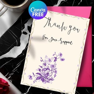 Bewerkbare bedankkaart met paarse bloemen | Afdrukbare Canva-sjabloon | Esthetisch minimalistisch bedankbriefje | Direct digitaal downloaden | 4 kaarten
