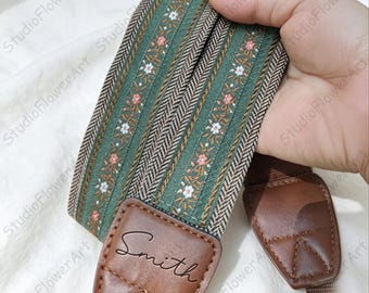 Personalized Vintage Green Camera Strap With Flowers, Custom Engraved Camera Shoulder Strap, Gift For Photographer