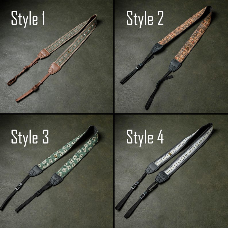 May include: Four styles of camera straps are displayed against a dark green background. Style 1 has a brown leather and studded design. Style 2 features a brown and tan pattern. Style 3 has a green floral pattern. Style 4 has a white and gray design.