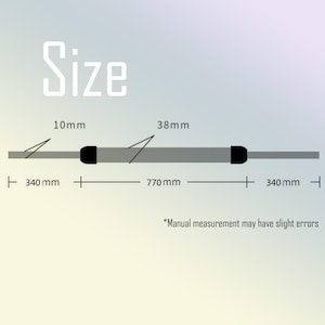 May include: Diagram showing size specifications. The word "Size" is at the top. The diagram shows a gray bar with black end pieces. Measurements are in millimeters: 10mm, 38mm, 340 mm, and 770 mm. The text "Manual measurement may have slight errors" is at the bottom.