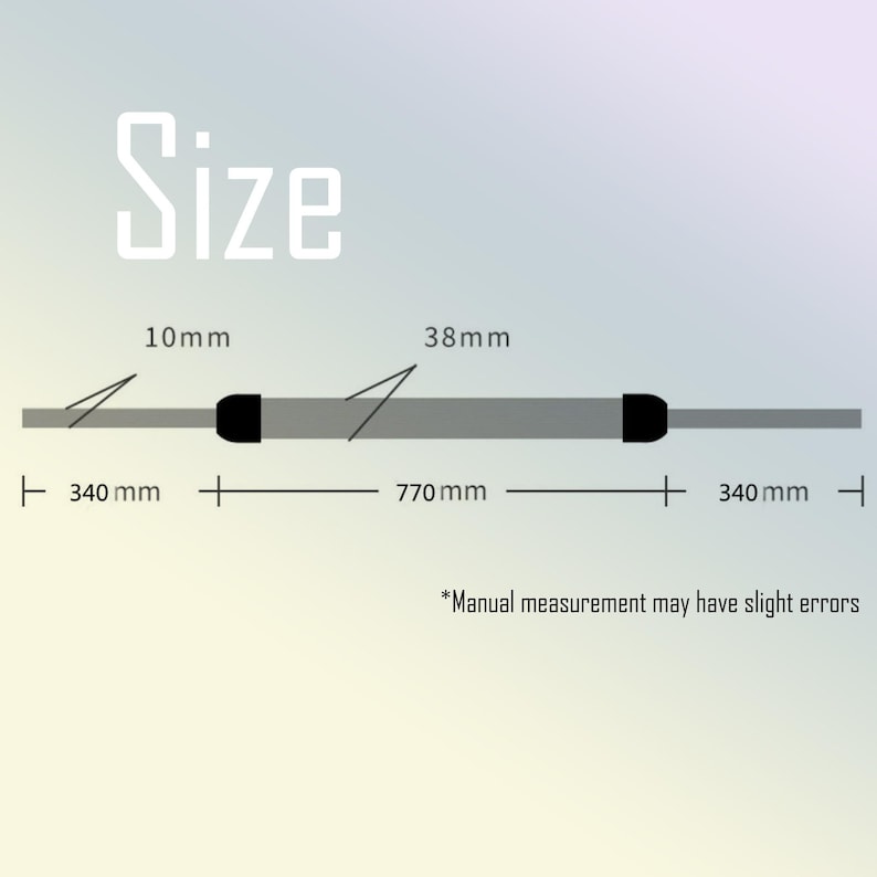 May include: Diagram showing size specifications. The word "Size" is at the top. The diagram shows a gray bar with black end pieces. Measurements are in millimeters: 10mm, 38mm, 340 mm, and 770 mm. The text "Manual measurement may have slight errors" is at the bottom.