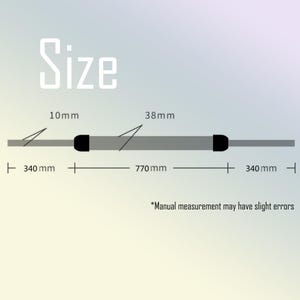 May include: Diagram showing size specifications. The text "Size" is at the top. The diagram shows a gray object with black ends. The object is 770 mm long, with 340 mm sections on each end. The black ends are 10 mm and 38 mm.