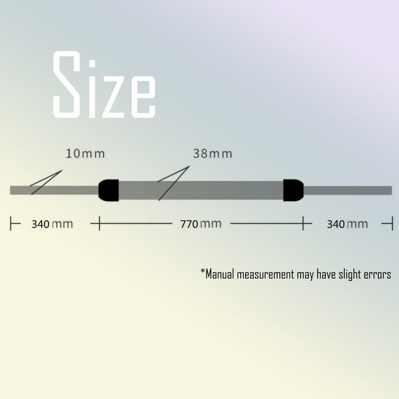 May include: Diagram showing size specifications. The text "Size" is at the top. The diagram shows a gray object with black ends. The object is 770 mm long, with 340 mm sections on each end. The black ends are 10 mm and 38 mm.