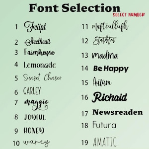 May include: A green background displays a font selection guide. The text "Font Selection" is at the top, with a list of 19 font styles numbered 1-19. Each font is shown with its name, offering a variety of styles for design projects.