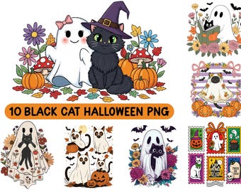 Black Cat Halloween PNG Bundle, Spooky Season PNG, Ghost Pumpkin