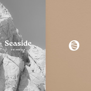 May include: Black and white image of a rocky cliff with the text "Seaside Swimwear" and a logo of a circle with a wave inside.