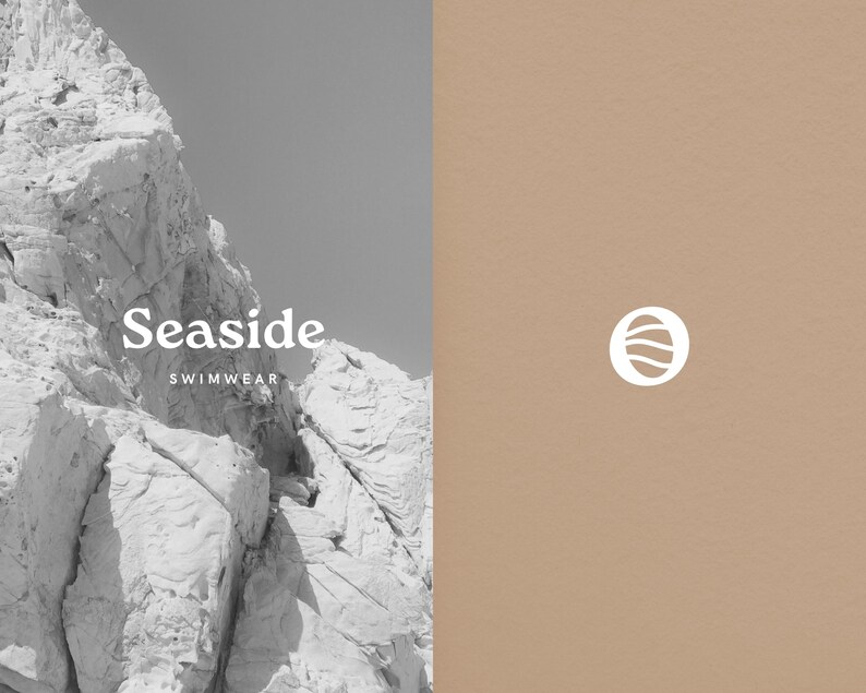 May include: Black and white image of a rocky cliff with the text "Seaside Swimwear" and a logo of a circle with a wave inside.