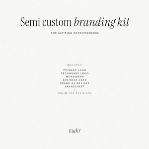 May include: Semi custom branding kit for aspiring entrepreneurs. Includes: primary logo, secondary logo, monogram, business card, brand guidelines, brand sheet, unlimited revisions. makr