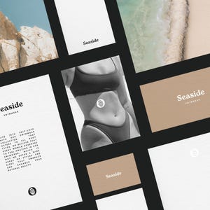 May include: A collection of branding materials for a swimwear company called "Seaside". The branding includes a logo with a circle and a wave, and the text "Seaside Swimwear". The materials are printed on a textured paper.