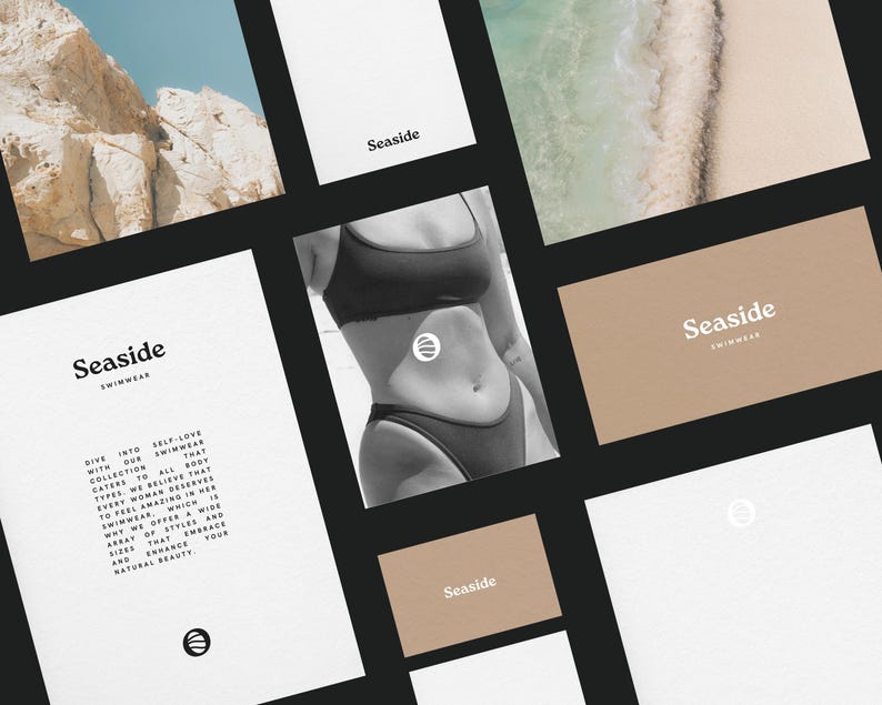 May include: A collection of branding materials for a swimwear company called "Seaside". The branding includes a logo with a circle and a wave, and the text "Seaside Swimwear". The materials are printed on a textured paper.
