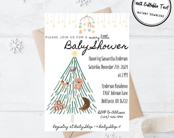 May include: A baby shower invitation with a green Christmas tree illustration decorated with toys. The text reads "Please join us for a merry little Baby Shower", "Honoring Samantha Anderson", "Saturday December 7th 2024", "at 2 PM", "Anderson Residence", "1907 Johnson Lane", "Bellfonte, OH 16722", "RSVP to Allissa", "(123) 456-7890", "Registry at Baby Shop / Baby Shop 2".