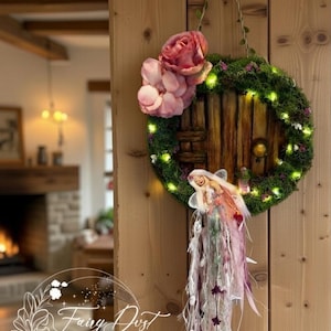 Puerta de portal de hadas, puerta de hobbit, hada pequeña, corona de hadas caprichosa, adorno de pared, duendecillo del bosque, decoración de brujas, regalo de hadas, polímero OOAK